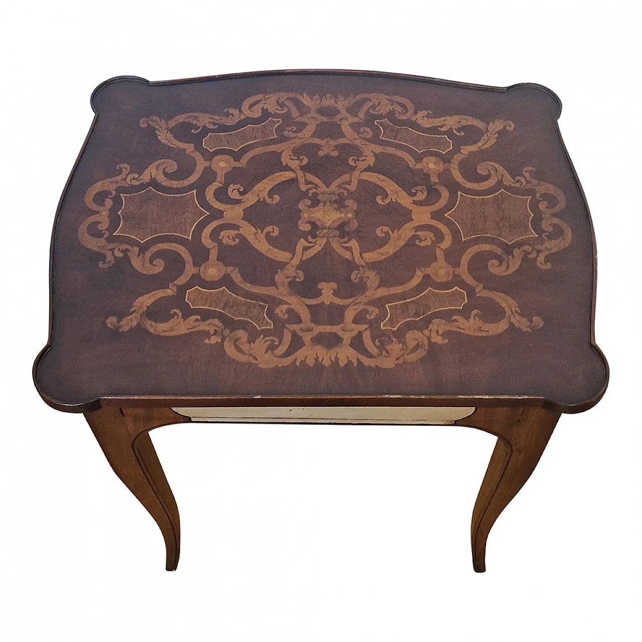 Tavolino in legno con piano intarsiato, anni '80 6