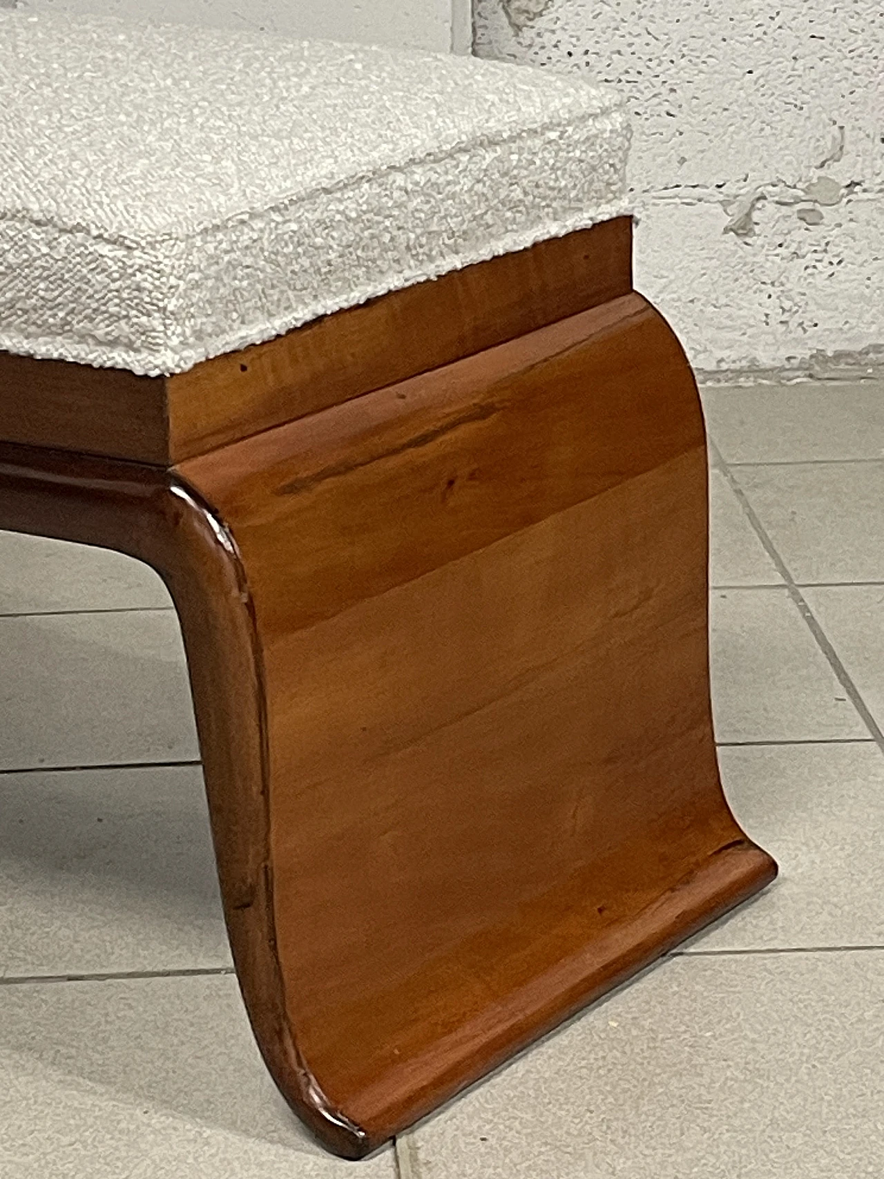 Art Deco bench in cherry wood and bouclé, 1940s 2