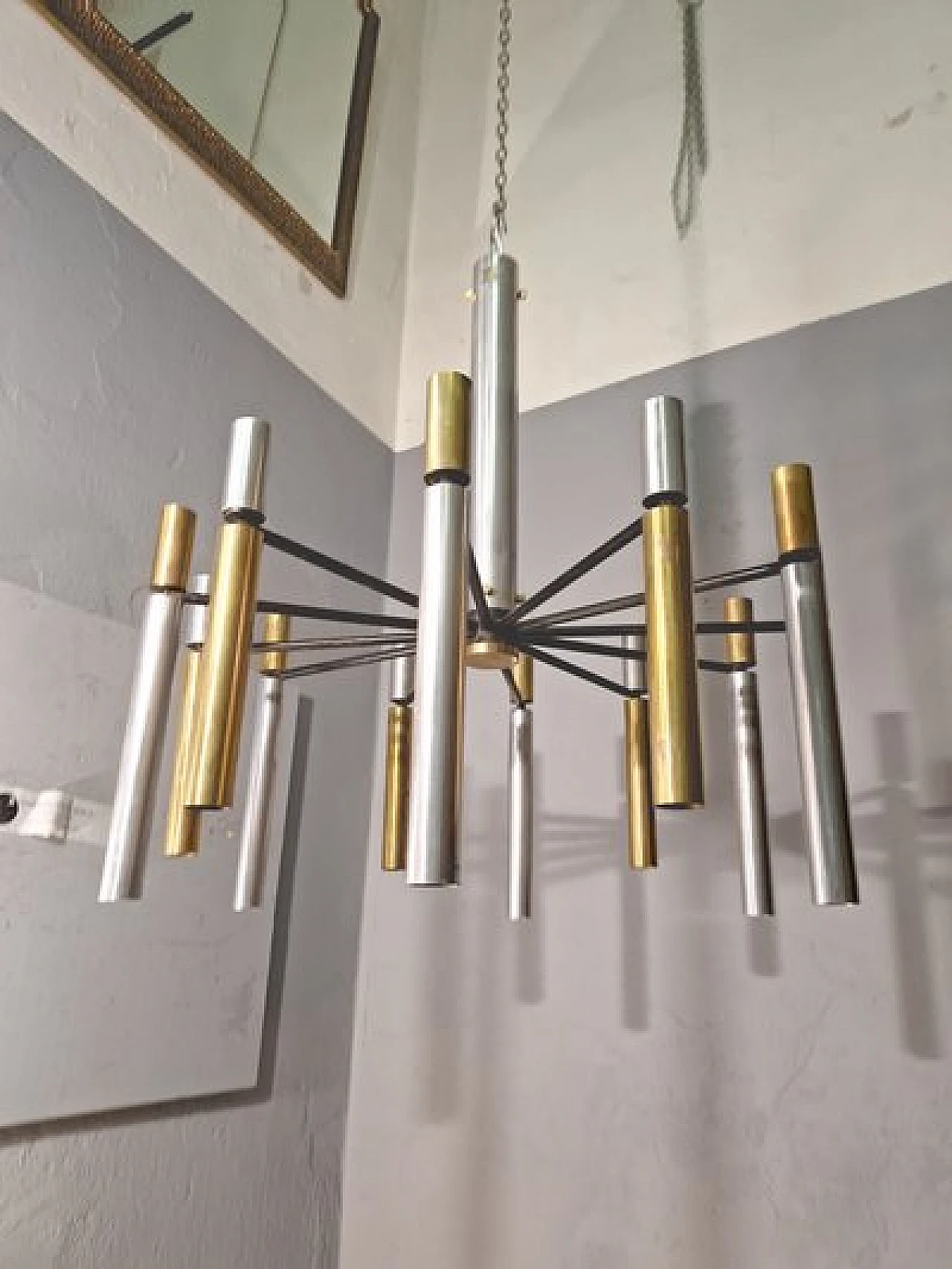 Lampadario 1147 in metallo cromato e ottone di Stilnovo, anni '50 11