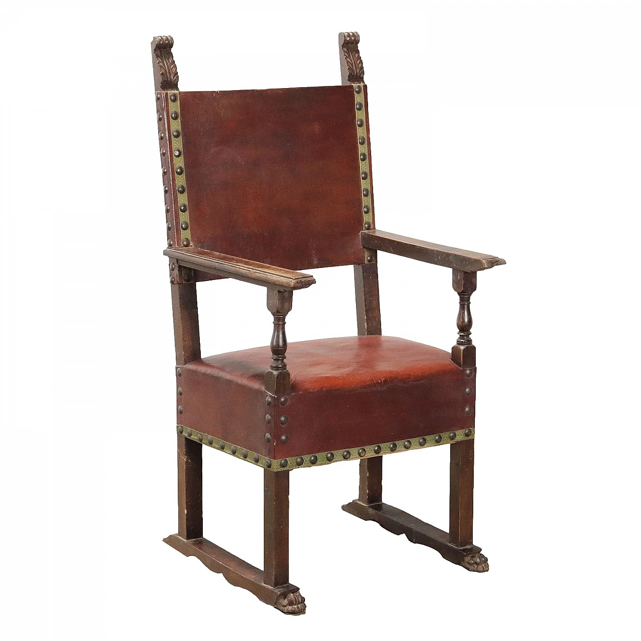 Walnut throne with leaf motifs and lion feet and covered in leather 1