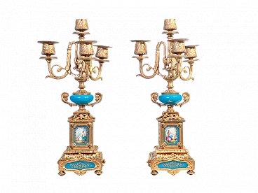 Coppia di candelabri stile Luigi XVI in metallo e ceramica, '800
