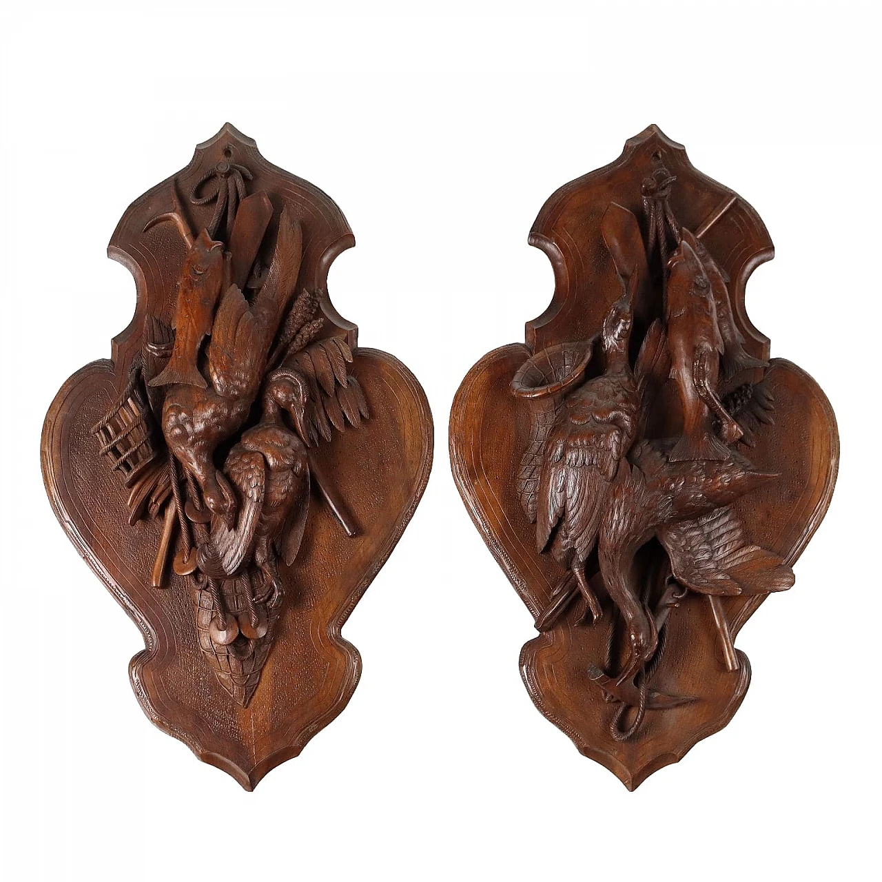 Pair of walnut plaques with game, early 20th century 1