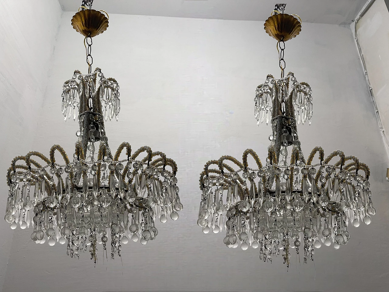 Pair of Murano glass and crystal bead chandeliers, 1950s 1