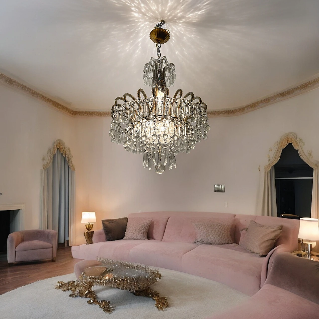 Pair of Murano glass and crystal bead chandeliers, 1950s 3