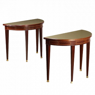 Pair of mahogany consoles with glass top, 1950s