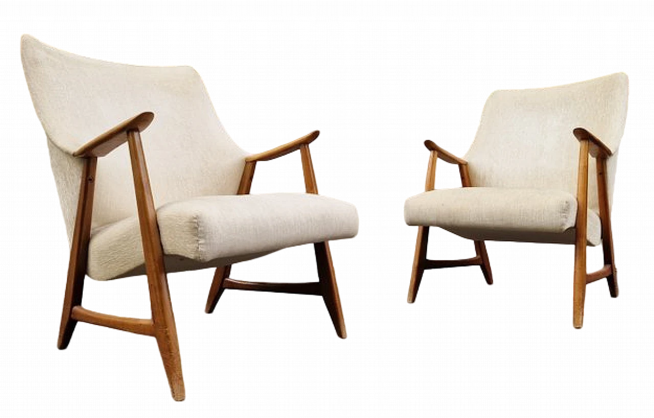 Coppia di Poltrone svedesi in tessuto beige e legno, anni '50 6
