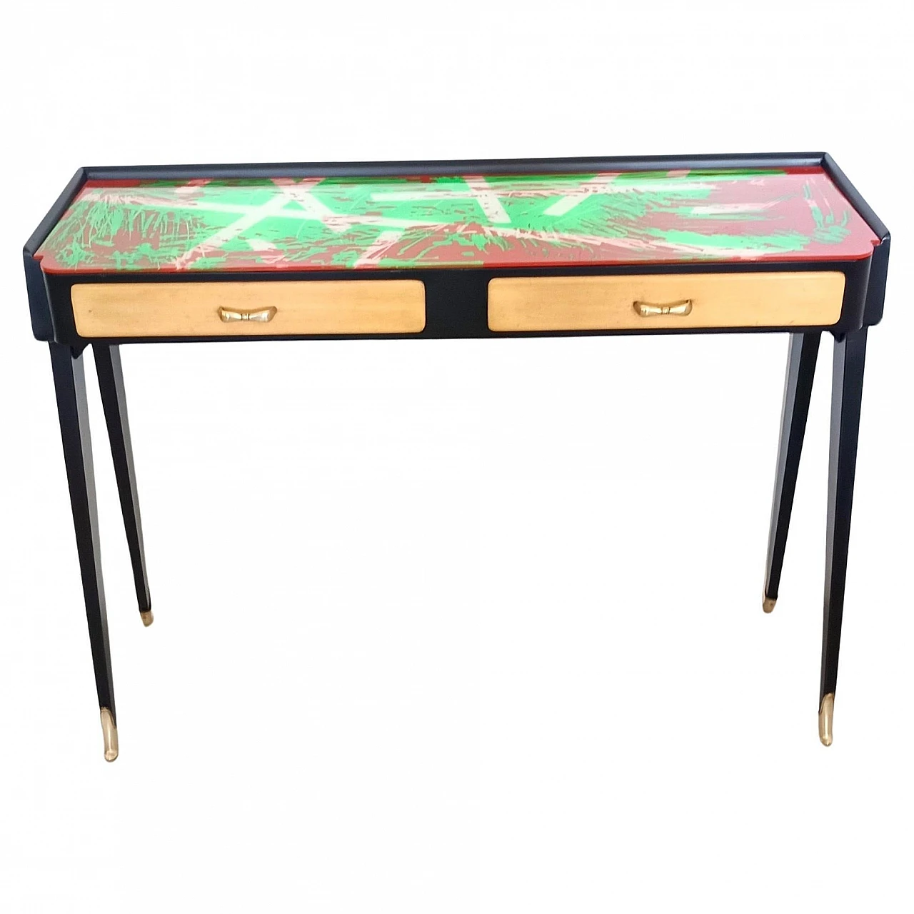 Consolle in faggio nero con piano in vetro rosso e verde, anni '50 1