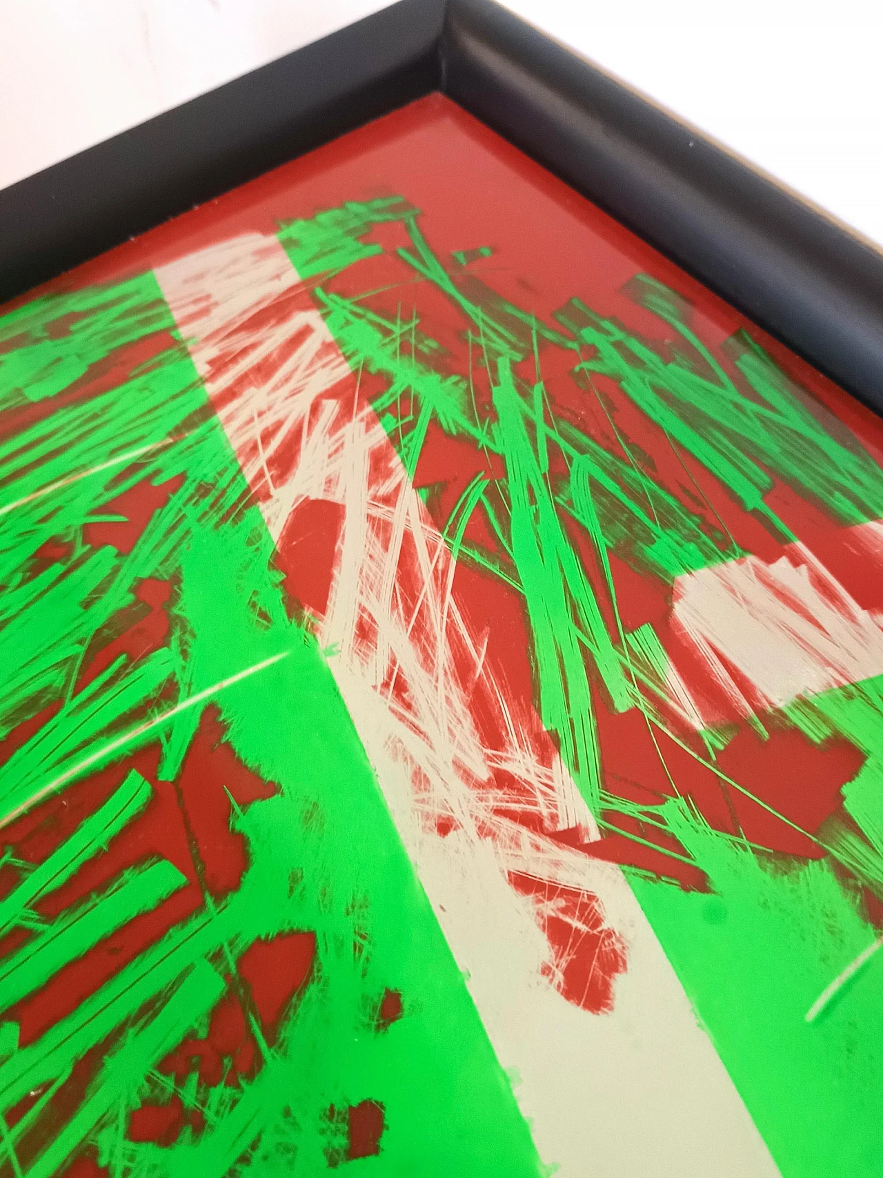 Consolle in faggio nero con piano in vetro rosso e verde, anni '50 13