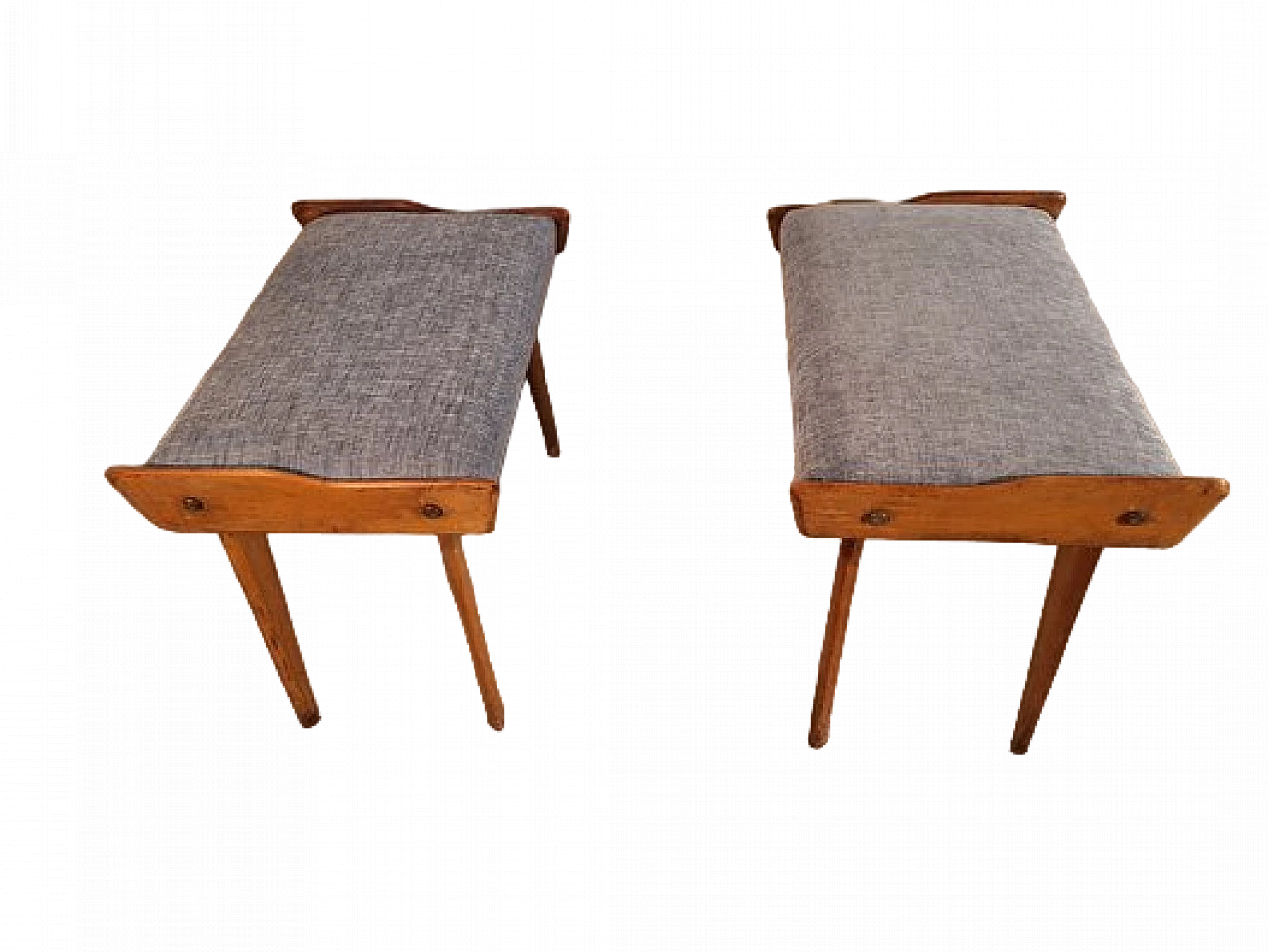 Pair of poufs in wood with light blue fabric seat, 1950s 12