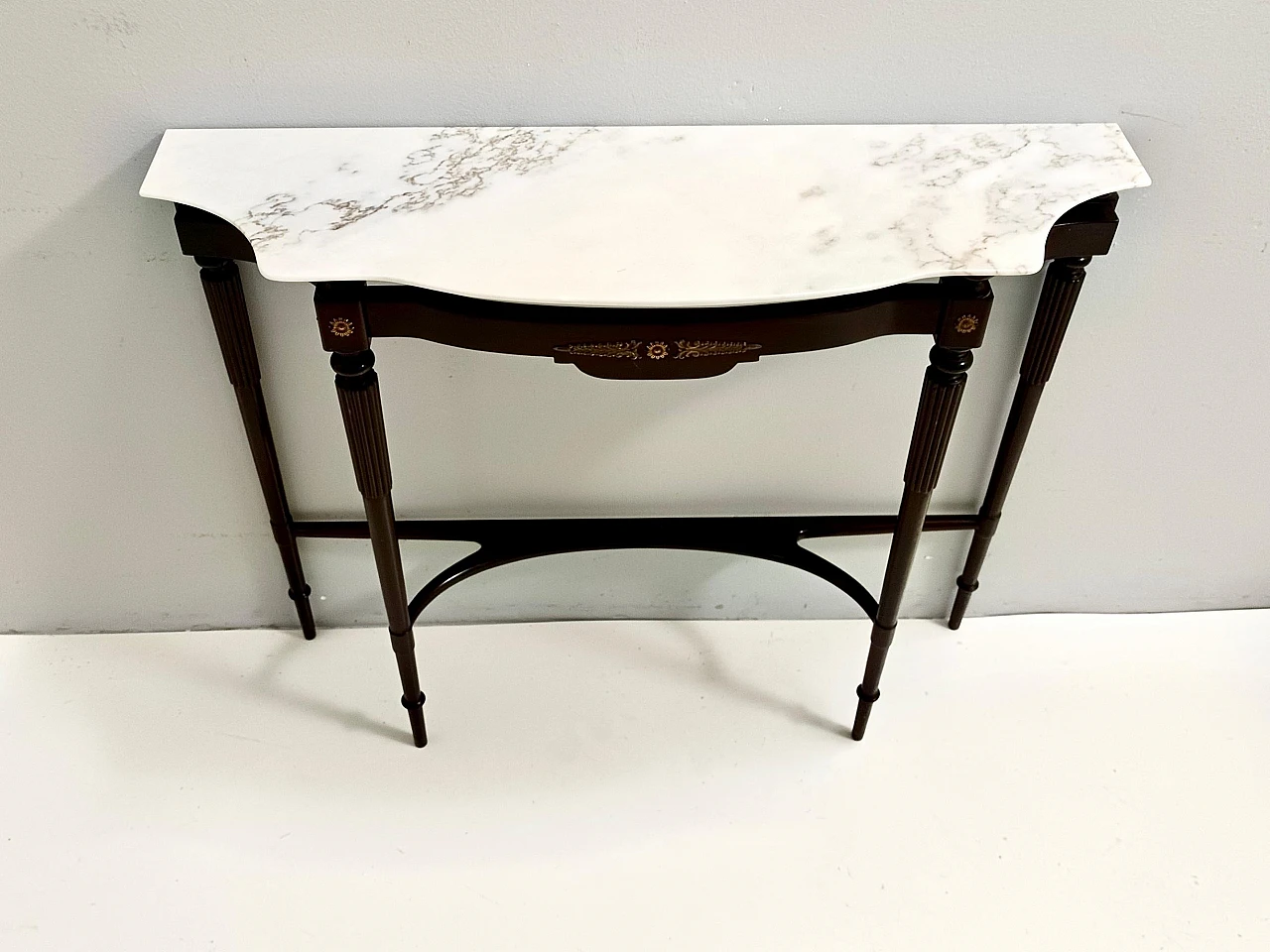 Consolle in faggio ebanizzato con piano in marmo rosa , anni '50 8