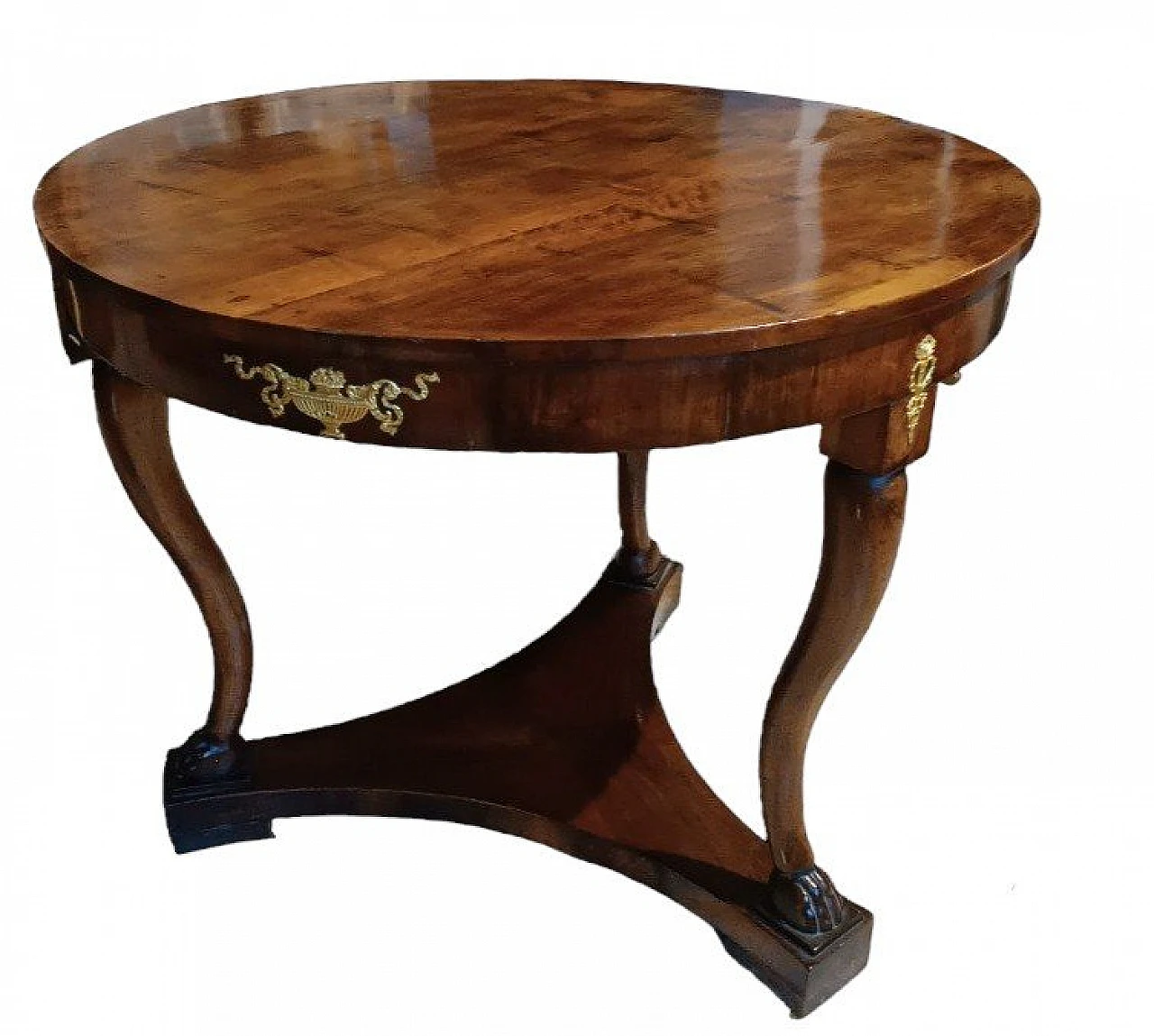 Tavolo Impero rotondo in ciliegio e bronzo dorato, inizio '800 1