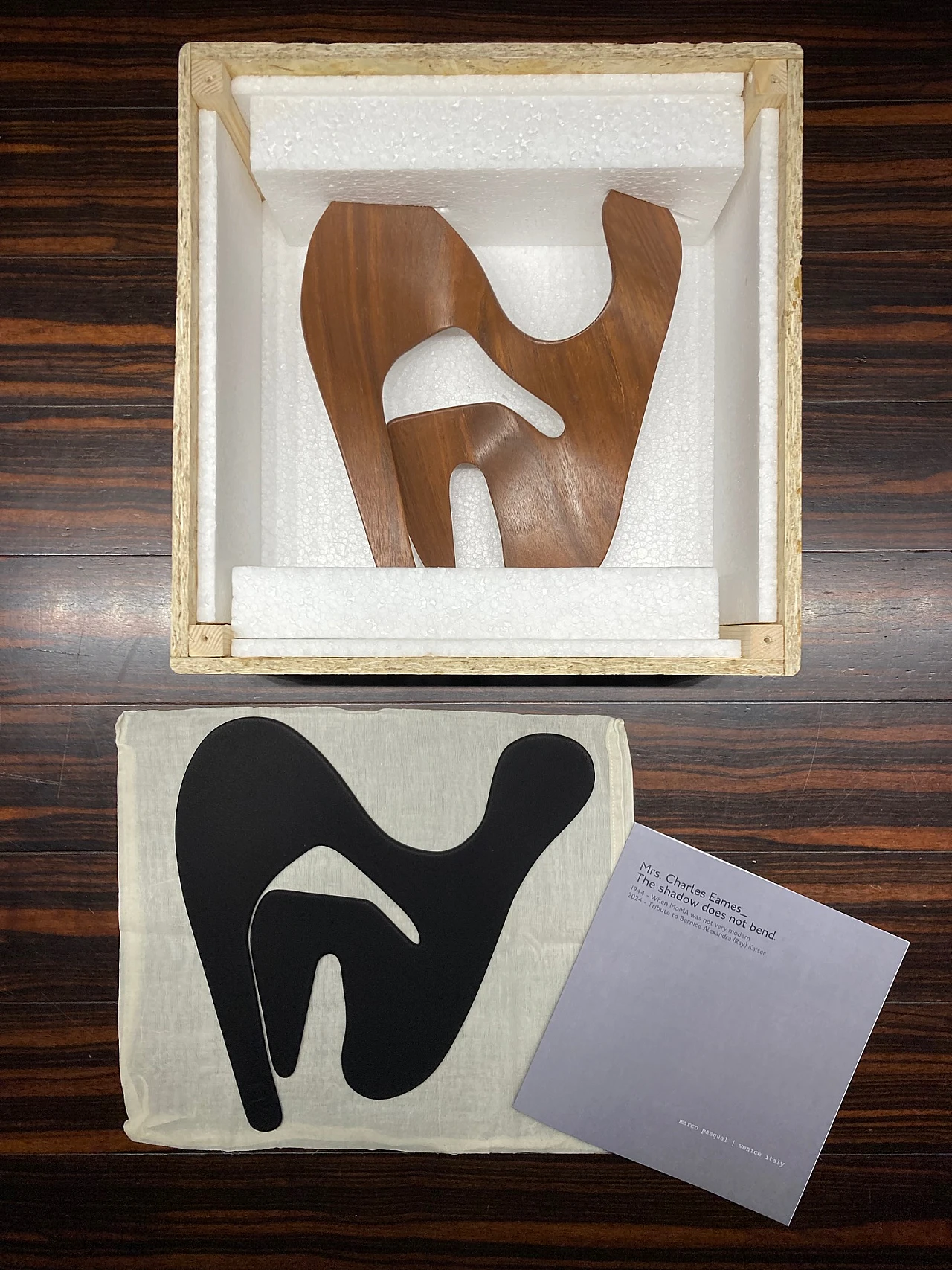 Mrs. Charles Eames, The shadow does not bend, walnut plywood sculpture 53
