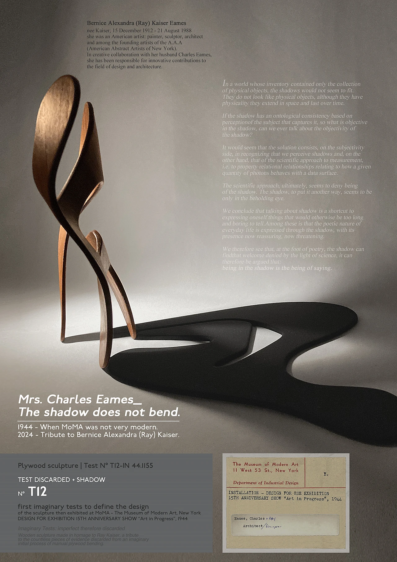 Mrs. Charles Eames, The shadow does not bend, walnut plywood sculpture 54