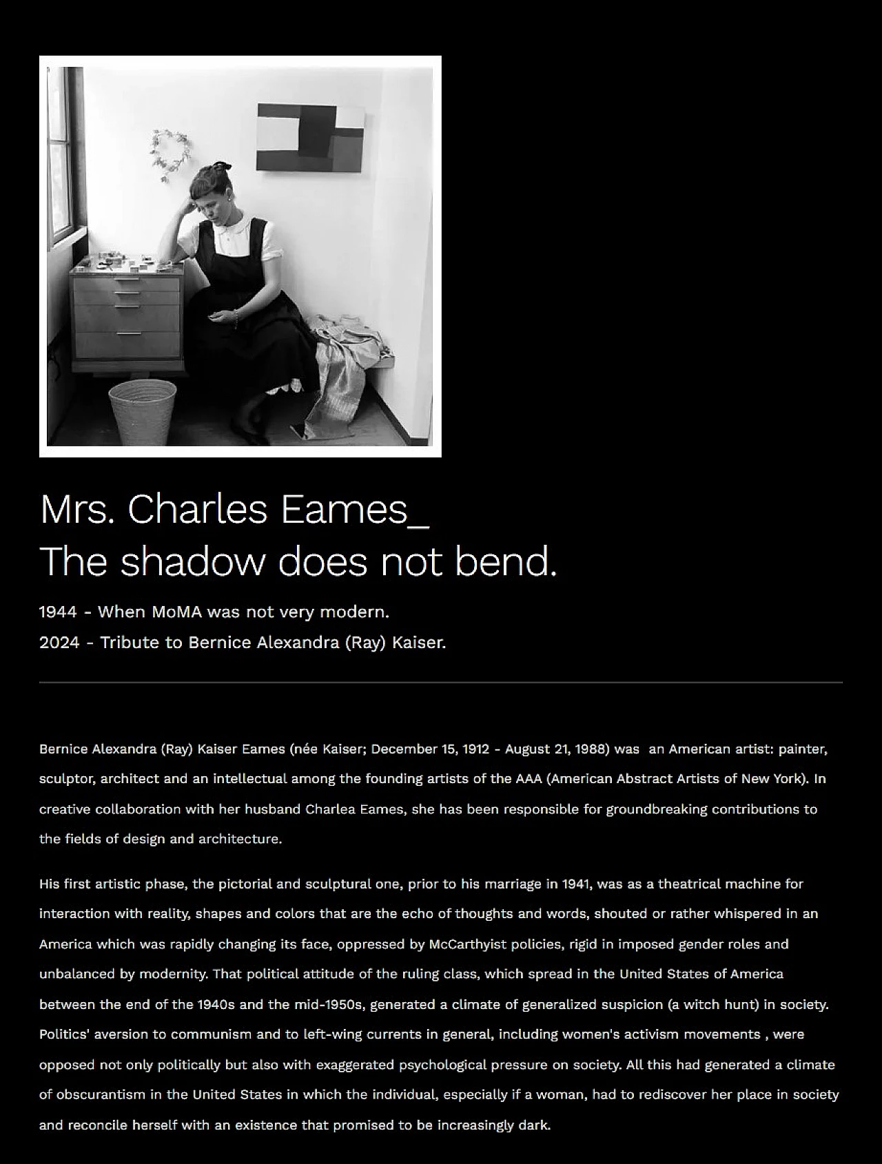 Mrs. Charles Eames, The shadow does not bend, walnut plywood sculpture 57