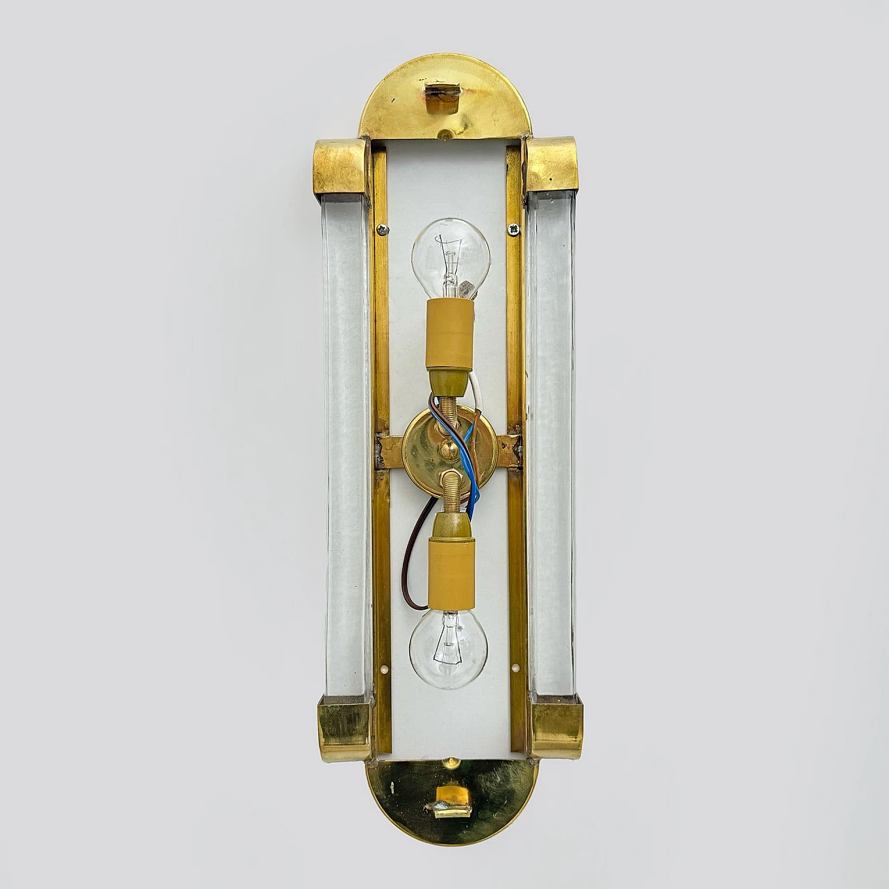 Coppia di applique in ottone e vetro di Murano smerigliato, anni '80 7