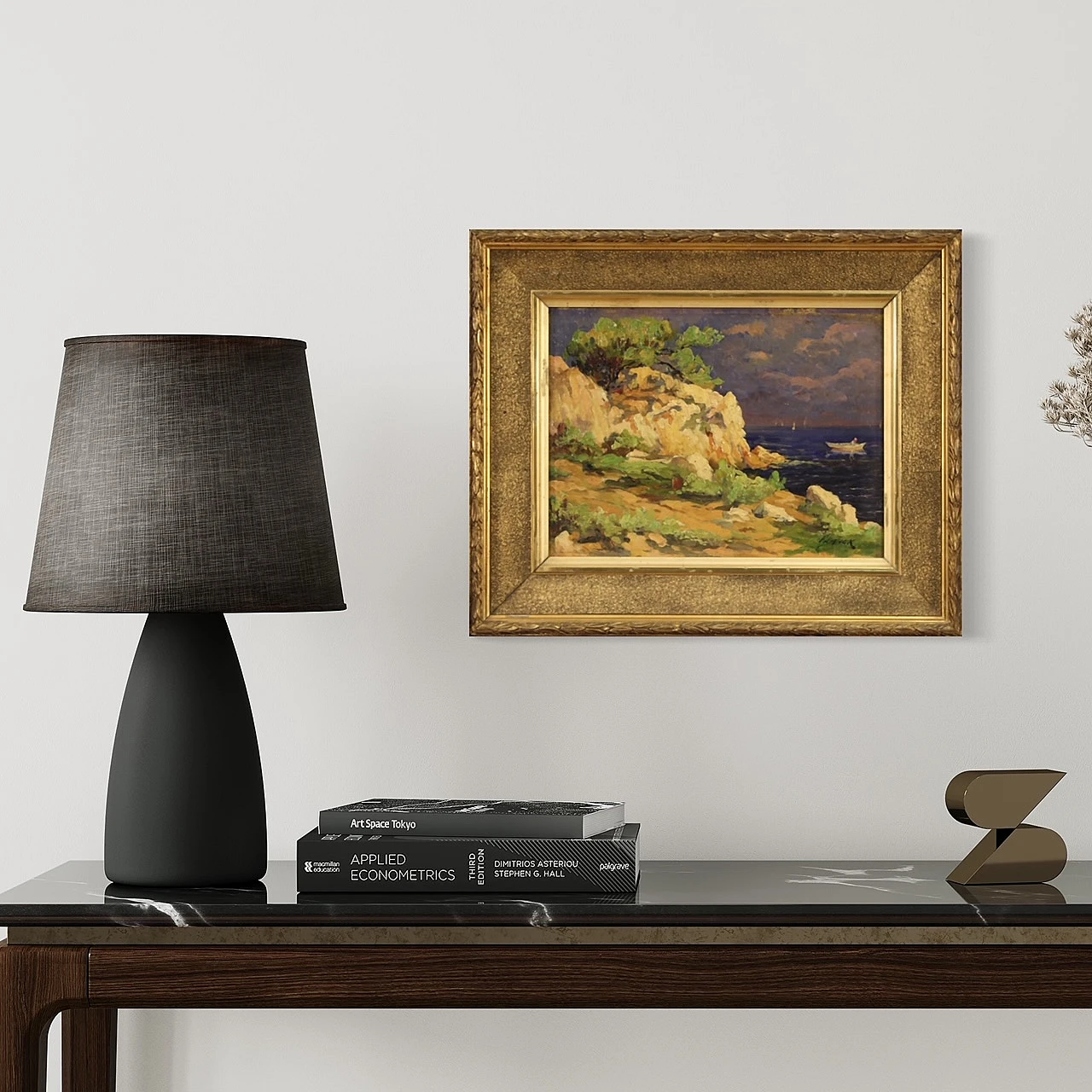 Cliff with boats, French oil painting on cardboard, early 20th century 1396546