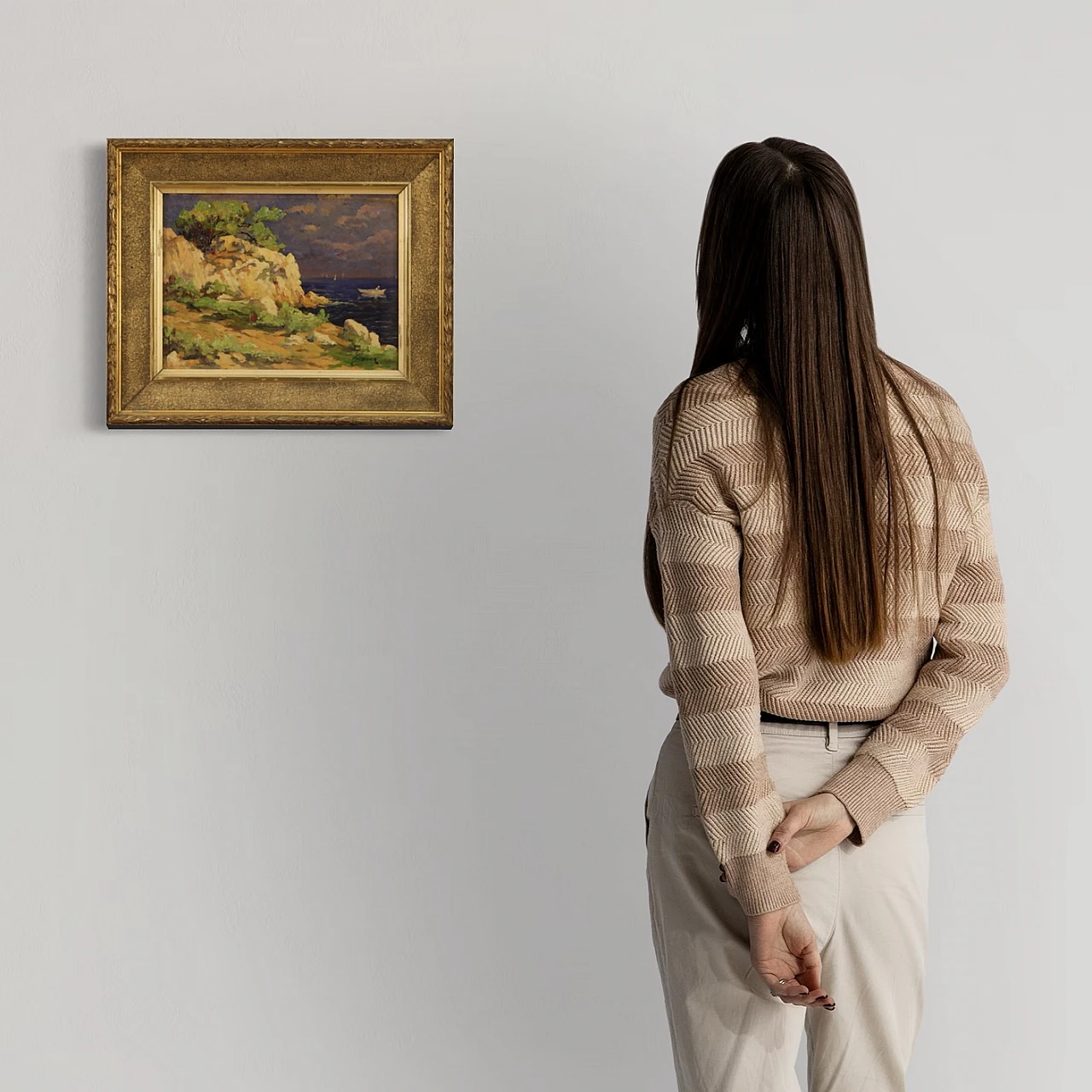 Cliff with boats, French oil painting on cardboard, early 20th century 1396547