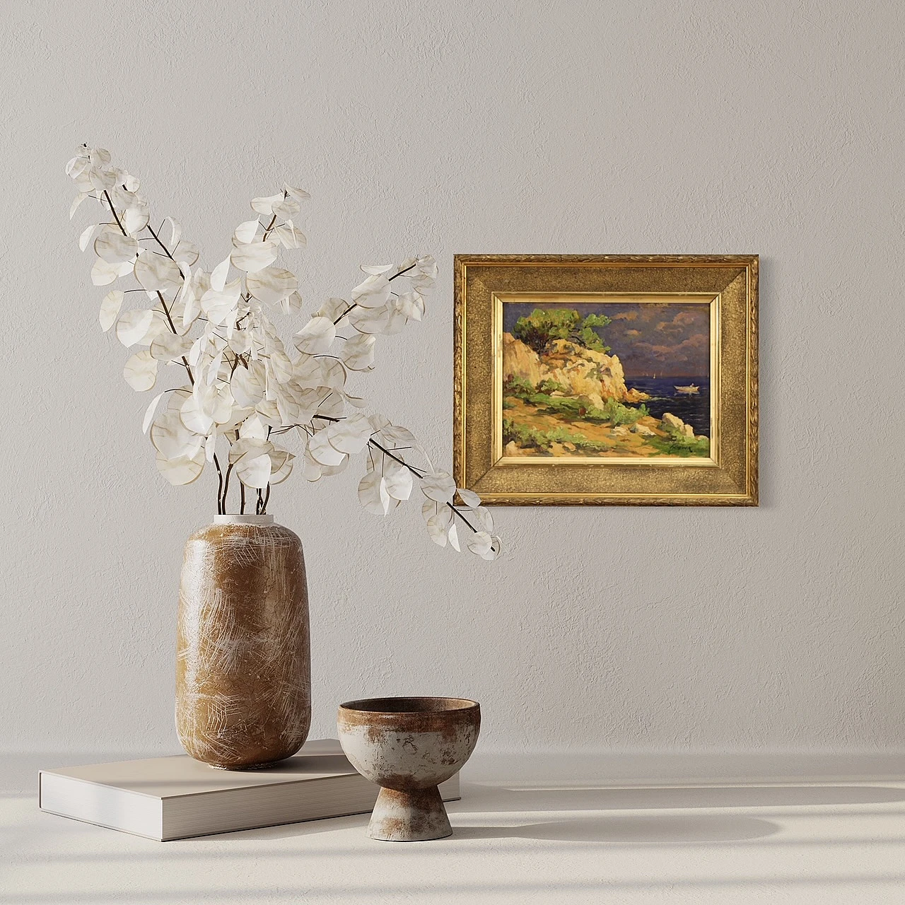 Cliff with boats, French oil painting on cardboard, early 20th century 1396549