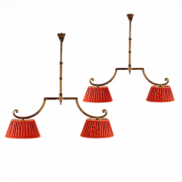 Coppia di lampadari in ottone e tessuto, inizio '900