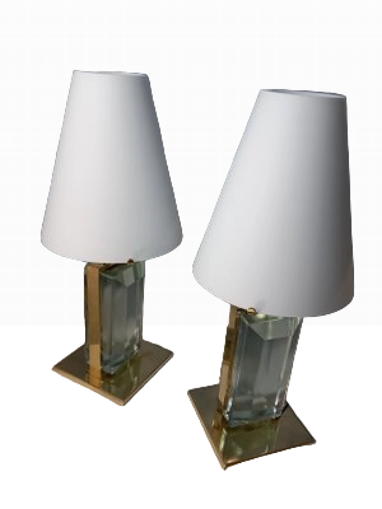 Coppia di Lampade da tavolo in vetro, tessuto ed ottone, anni 2000 14