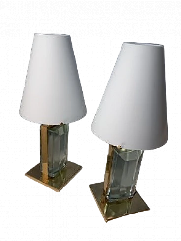 Coppia di Lampade da tavolo in vetro, tessuto ed ottone, anni 2000