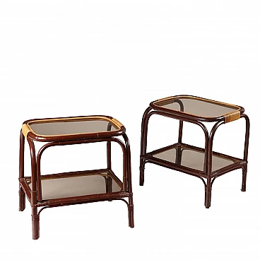 Pair of coffee tables in enamelled bamboo and smoked glass, 1980s