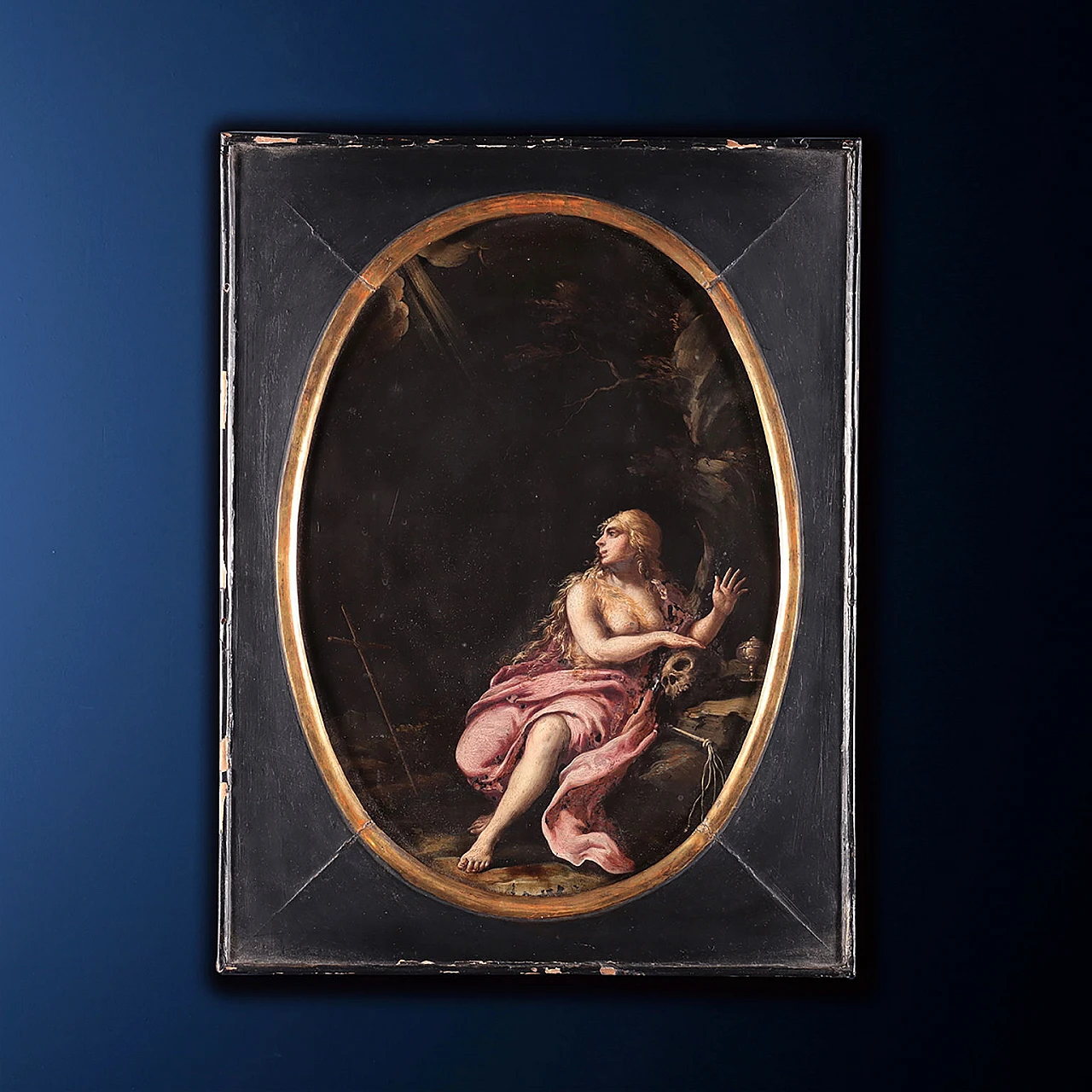 Coppia di dipinti ovali con allegorie, olio su ardesia, '600 2