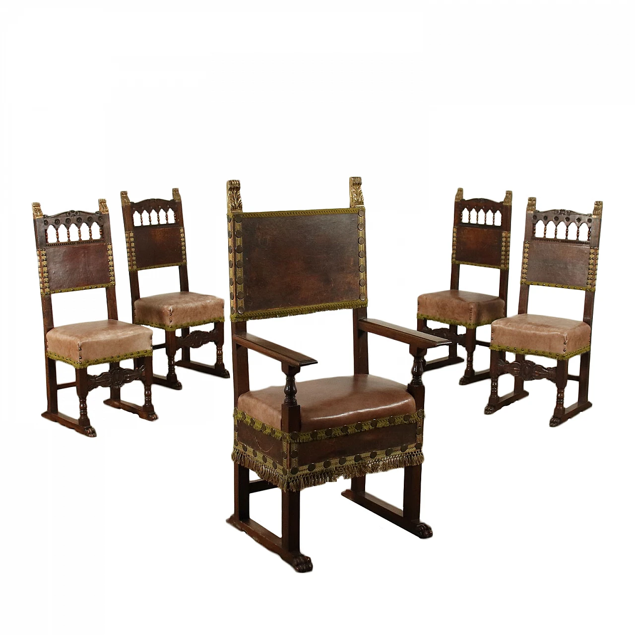 Group of 4 walnut neo-renaissance chairs and armchair, 19th century 1