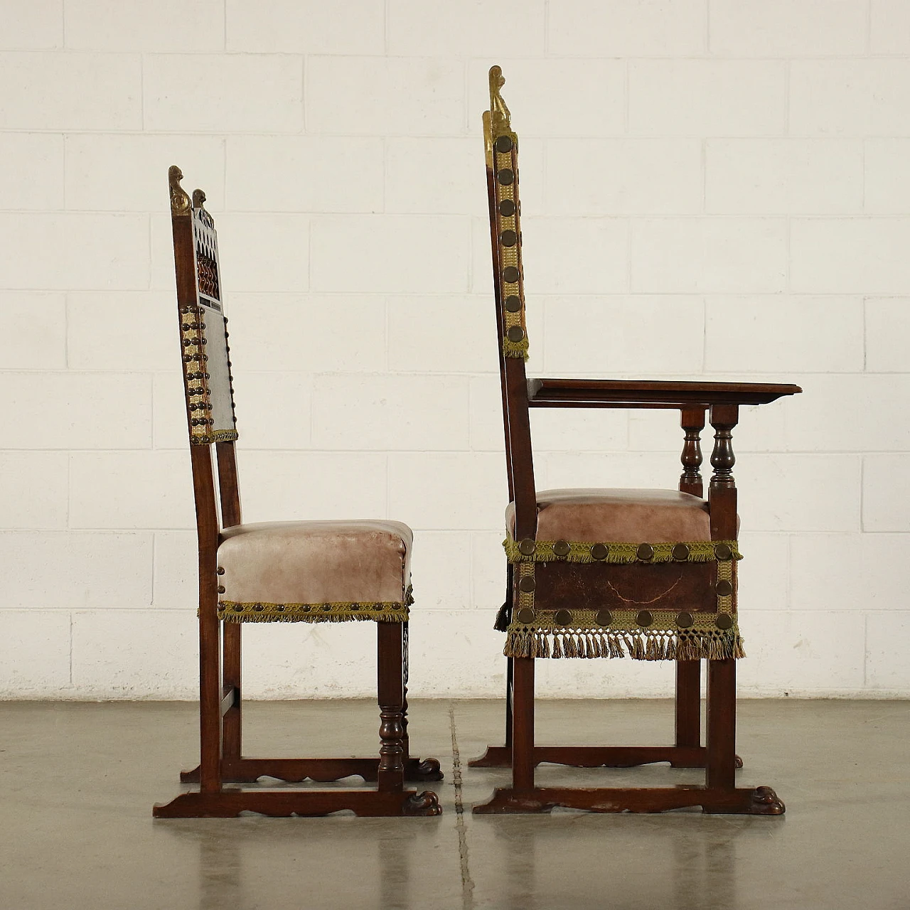 Group of 4 walnut neo-renaissance chairs and armchair, 19th century 3