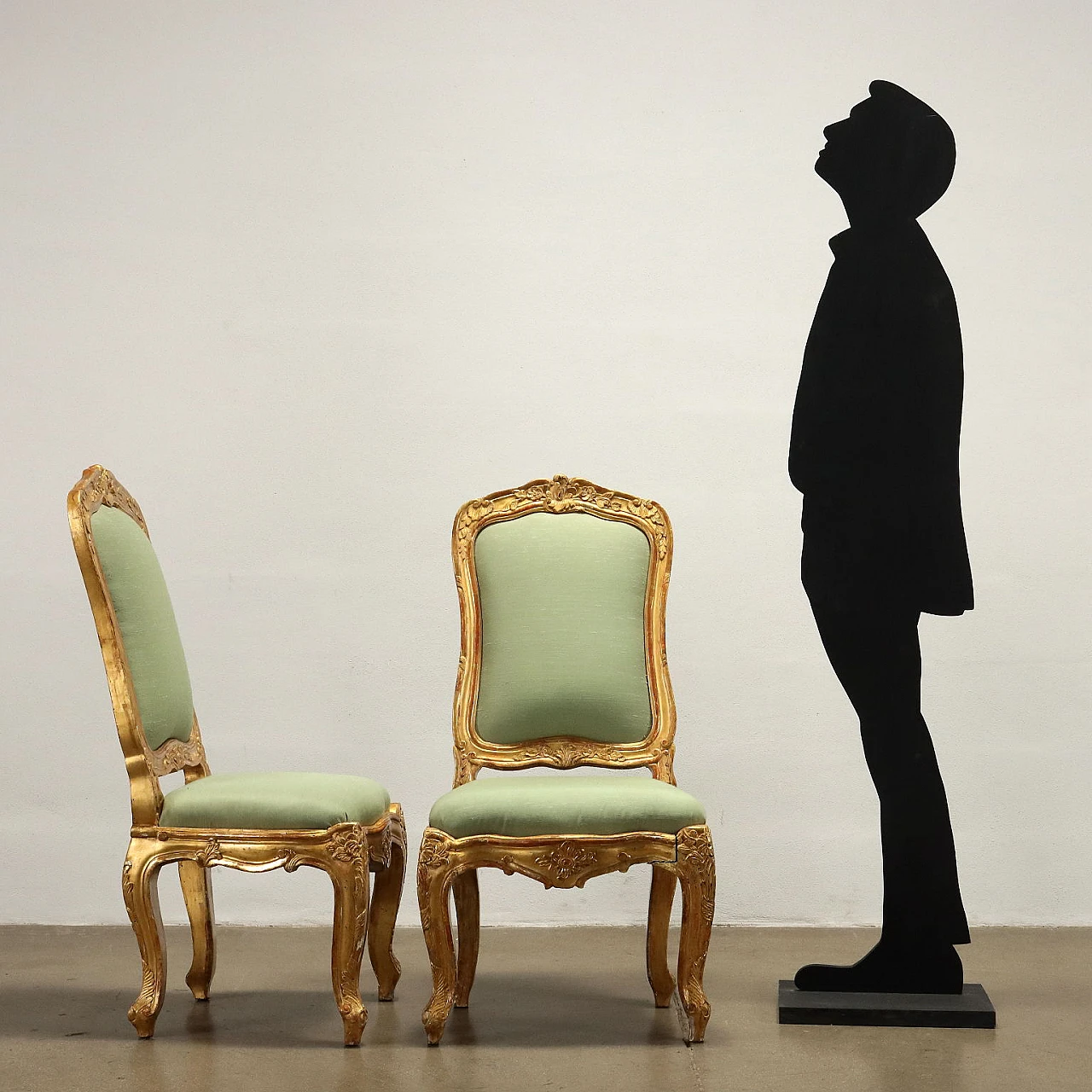 4 Sedie stile Barocchetto in legno dorato e tessuto, fine '800 2