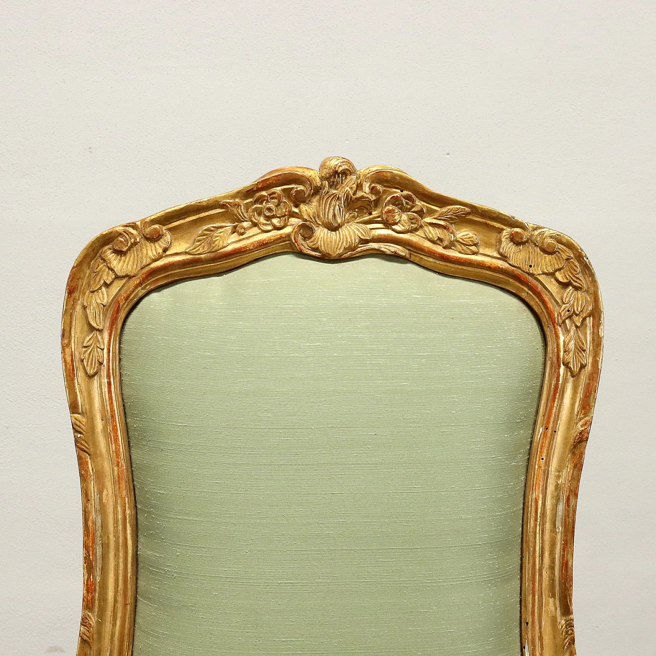 4 Sedie stile Barocchetto in legno dorato e tessuto, fine '800 3