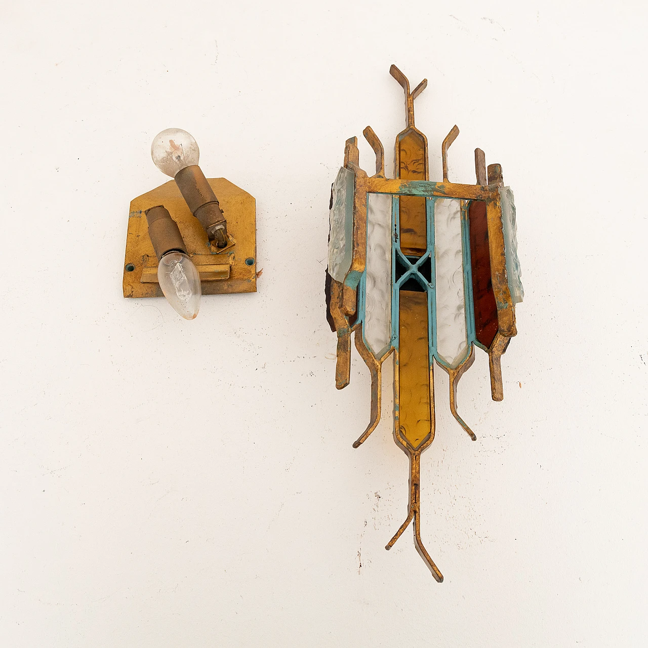 Multicolor glass and gilded metal wall light by Poliarte, 1970s 8