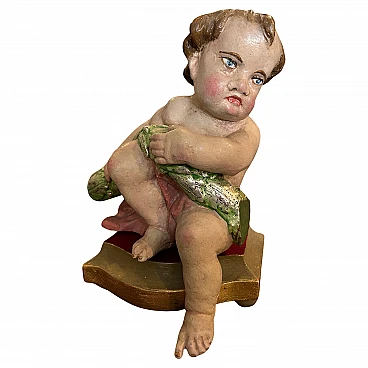 Cherub, hand-carved polycrome wooden sculpture, 18th century