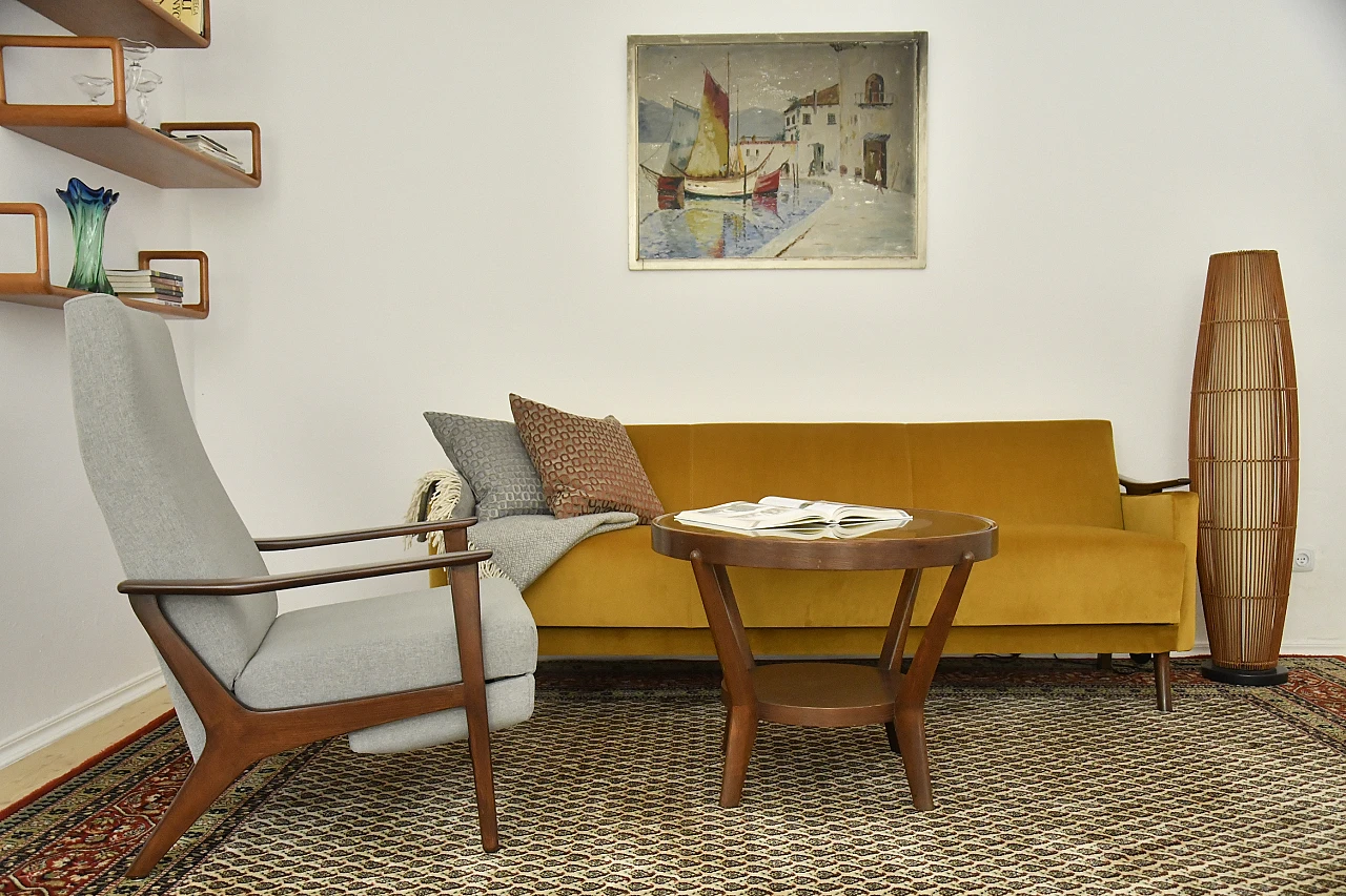 Divano letto in stile scandinavo in faggio e velluto giallo, anni '60 3