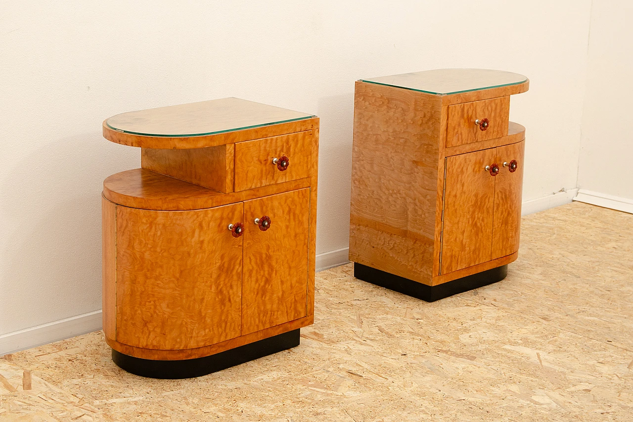 Coppia di comodini Art Déco in faggio, acero, noce e vetro, anni '30 3