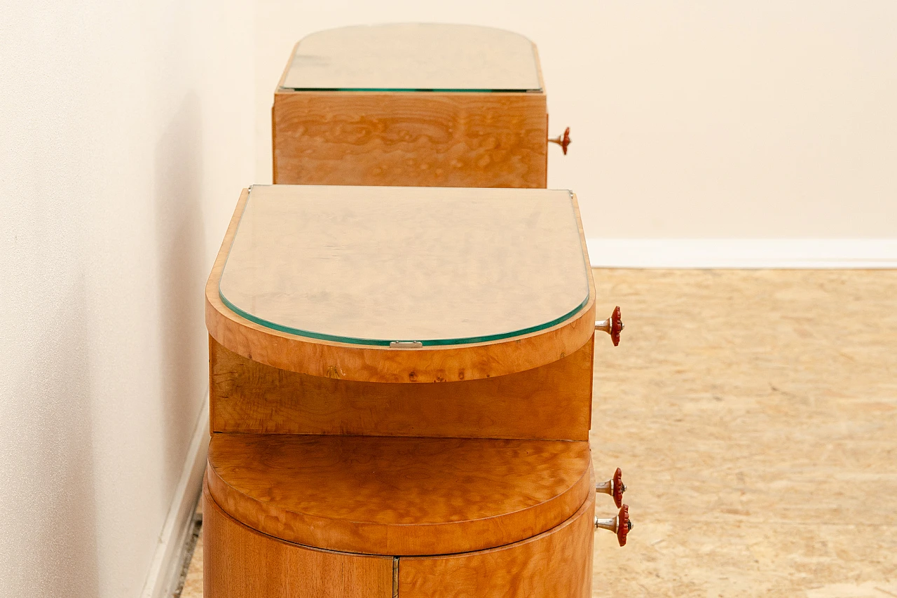 Coppia di comodini Art Déco in faggio, acero, noce e vetro, anni '30 5