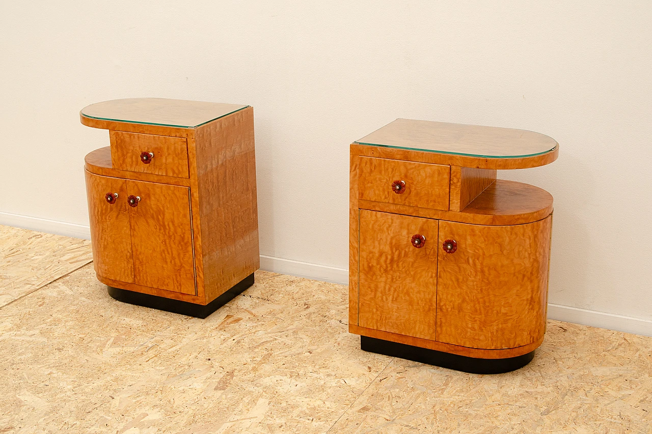 Coppia di comodini Art Déco in faggio, acero, noce e vetro, anni '30 6