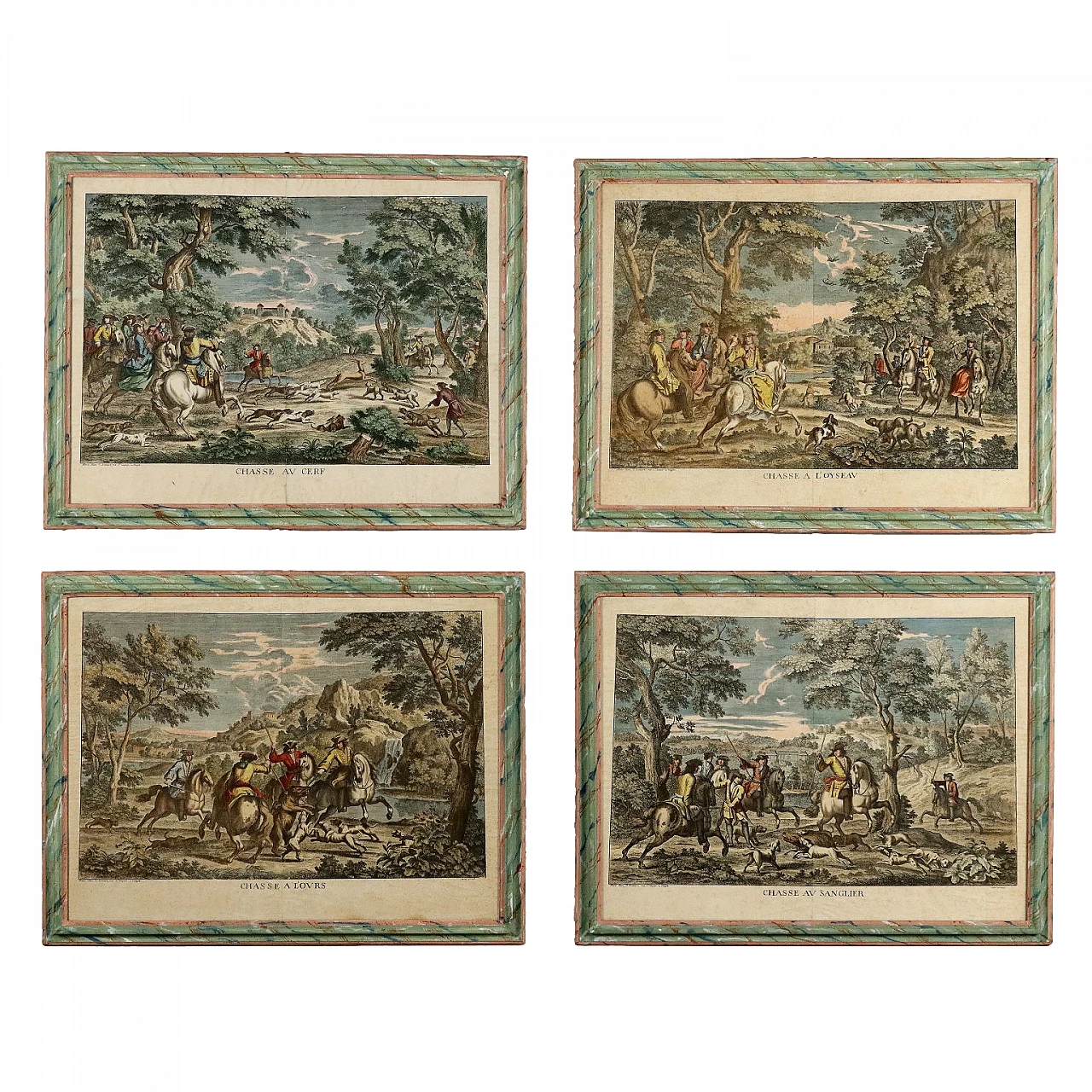 4 Scene di caccia, acqueforti acquerellate, '700 1