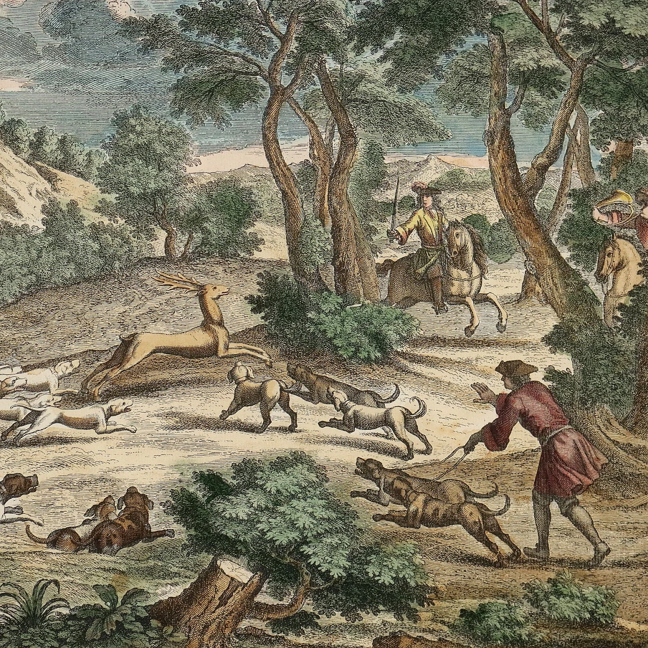 4 Scene di caccia, acqueforti acquerellate, '700 4