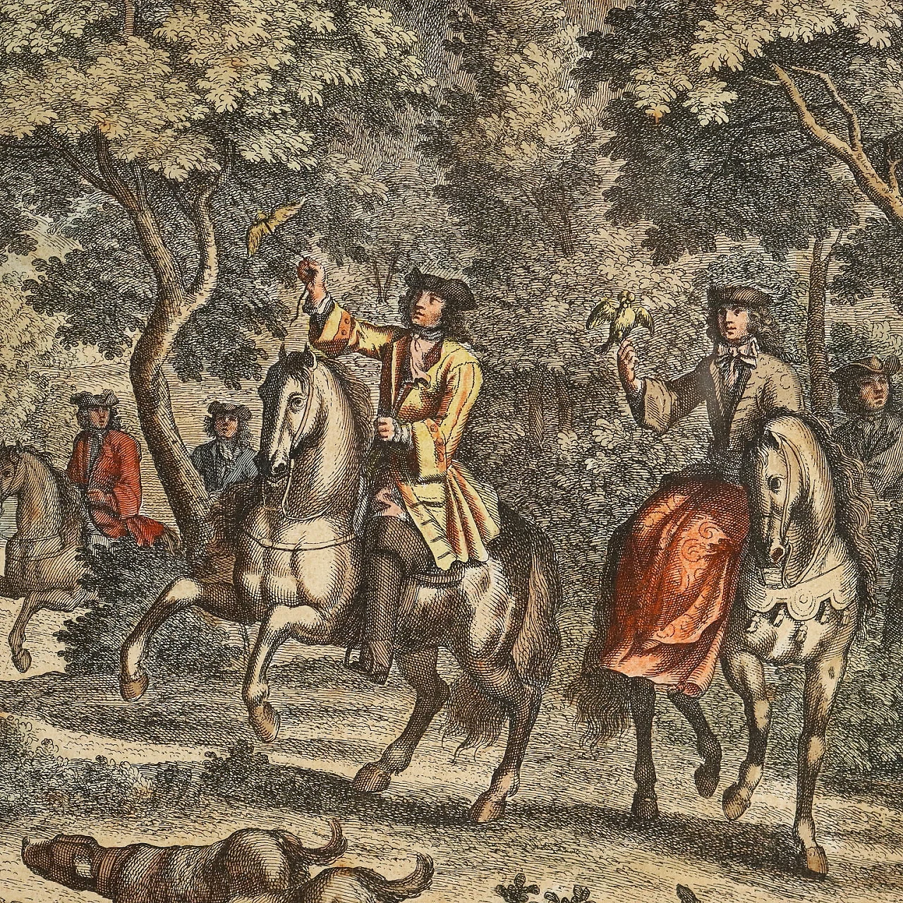 4 Scene di caccia, acqueforti acquerellate, '700 6