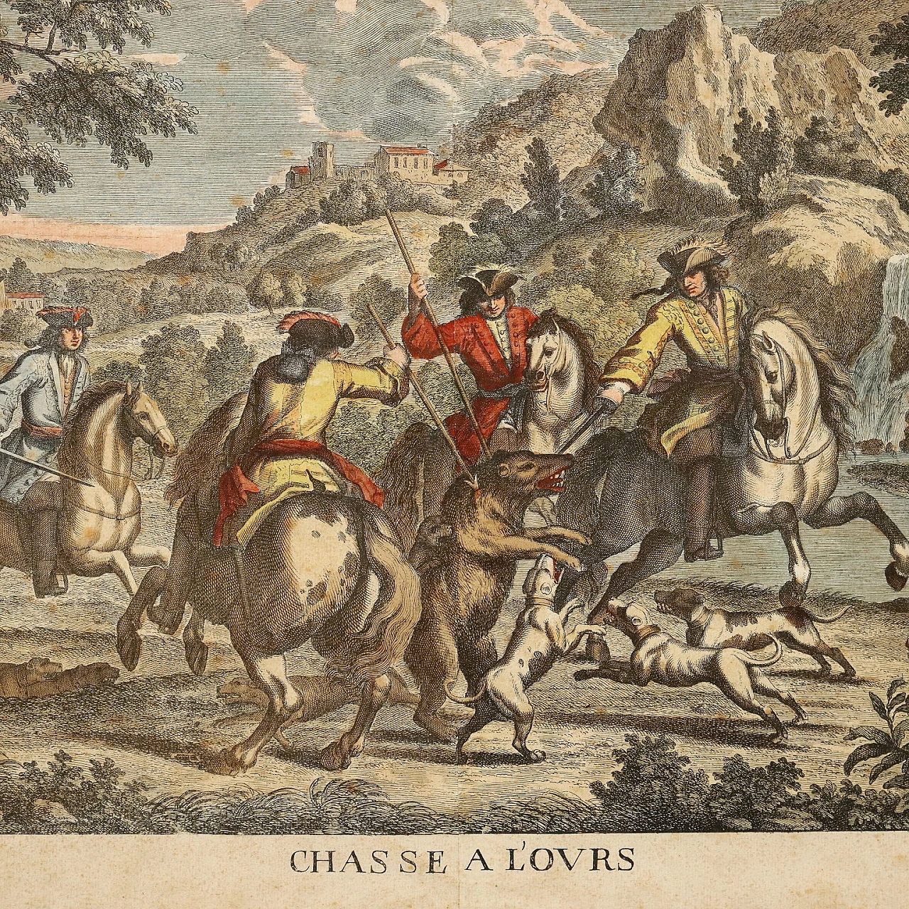 4 Scene di caccia, acqueforti acquerellate, '700 7