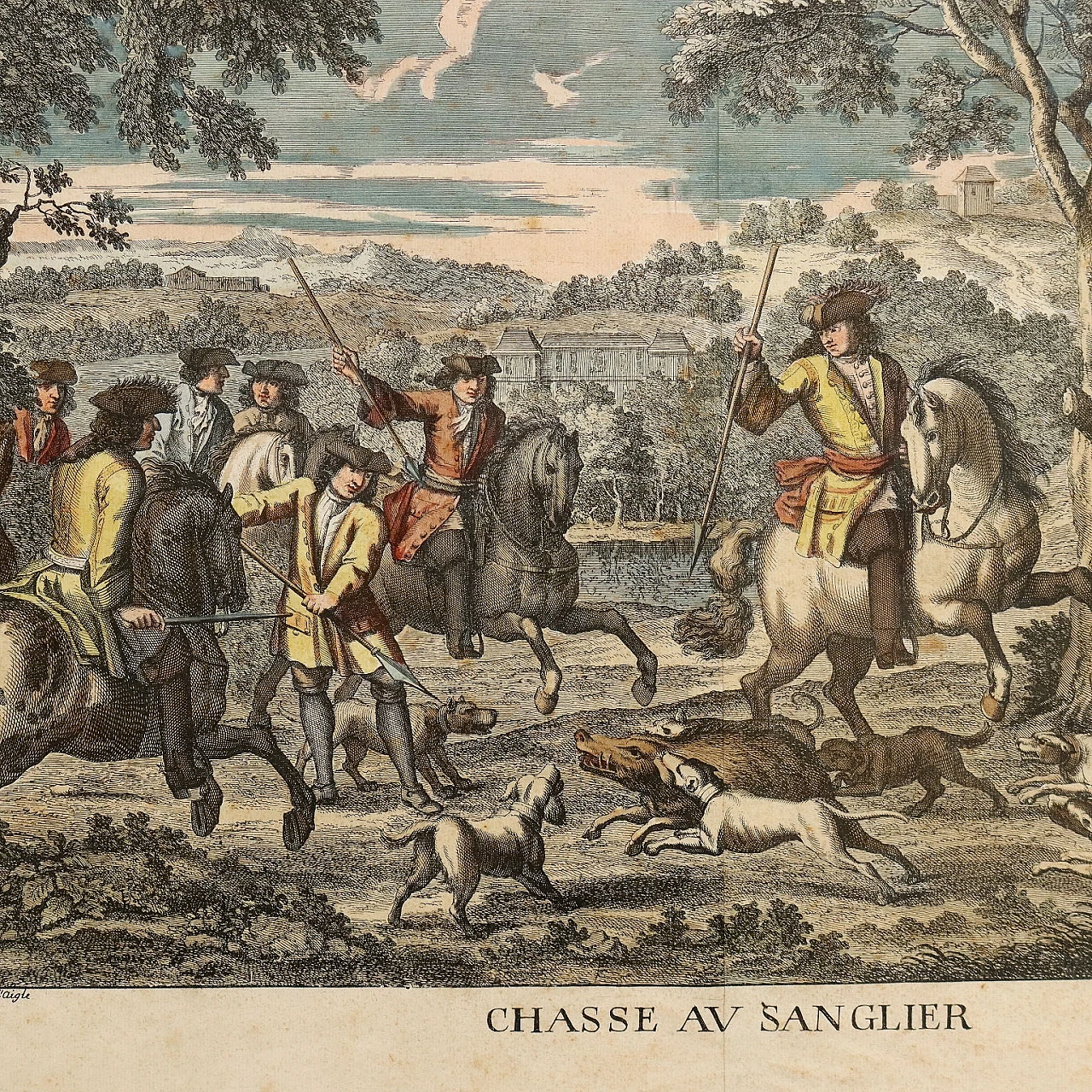 4 Scene di caccia, acqueforti acquerellate, '700 8