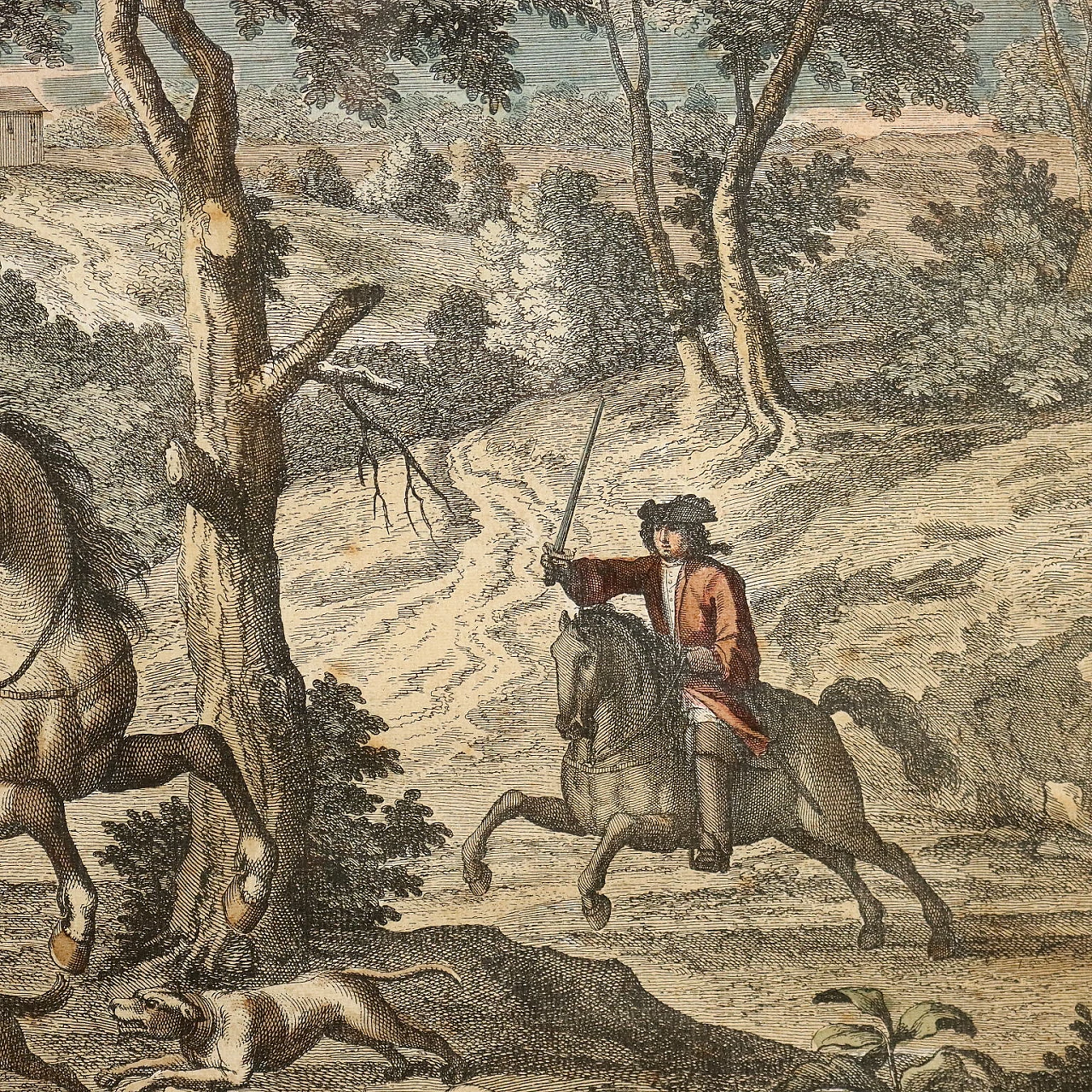 4 Scene di caccia, acqueforti acquerellate, '700 9