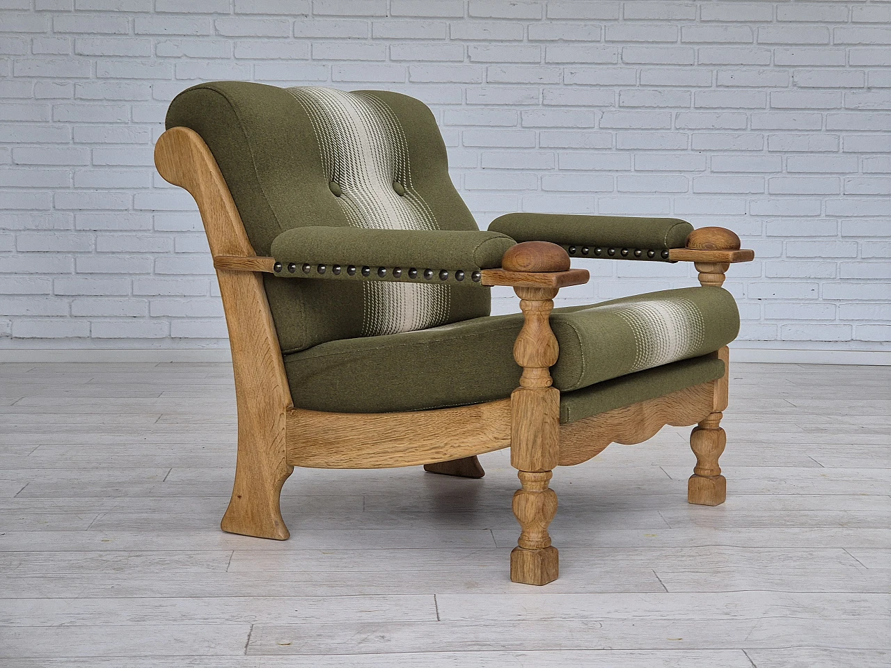 Danish wool and solid oak armchair, 1970s 1