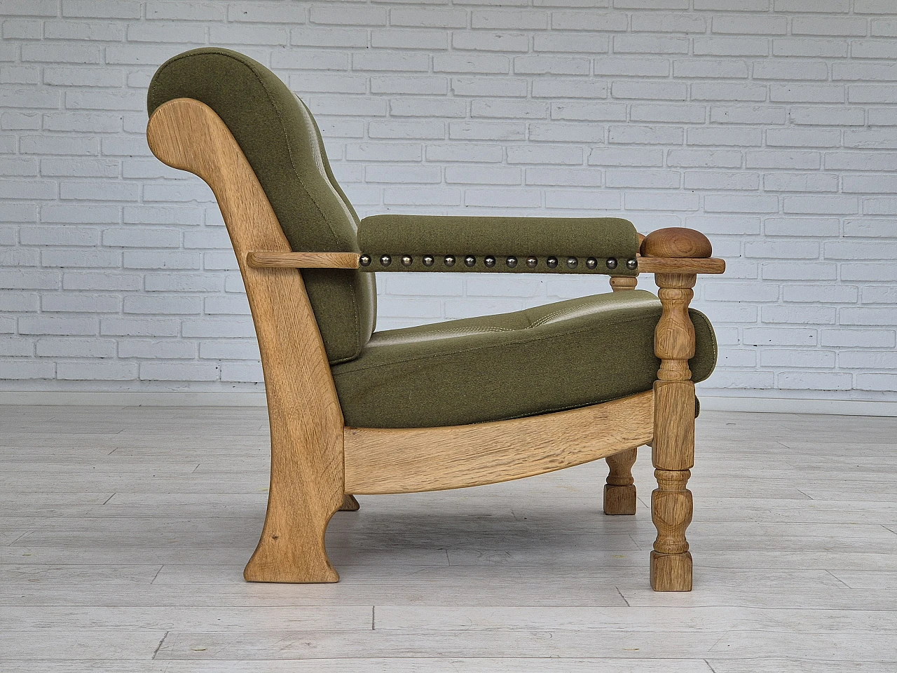 Danish wool and solid oak armchair, 1970s 4
