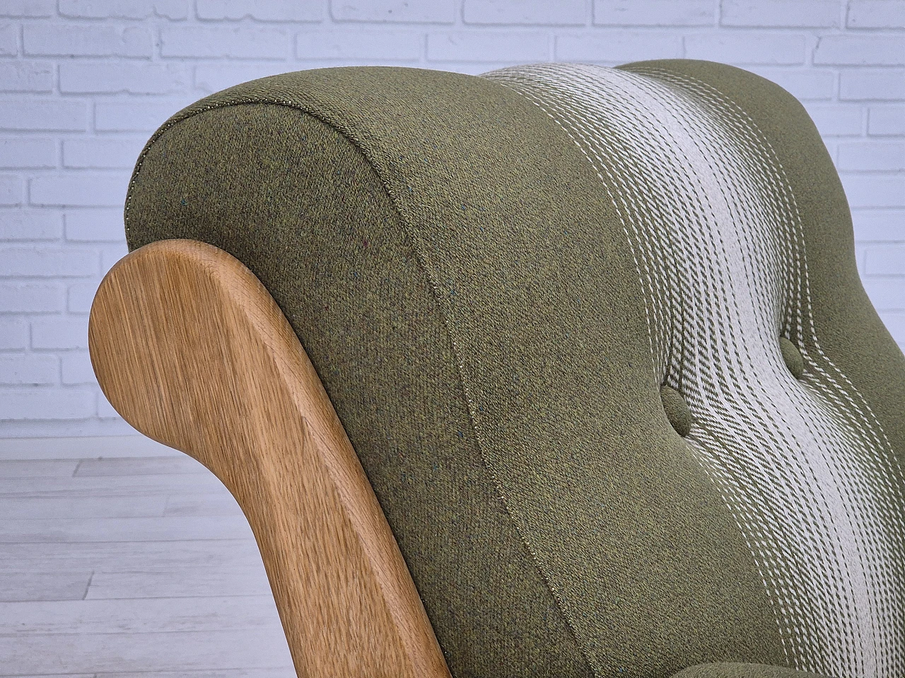 Danish wool and solid oak armchair, 1970s 8