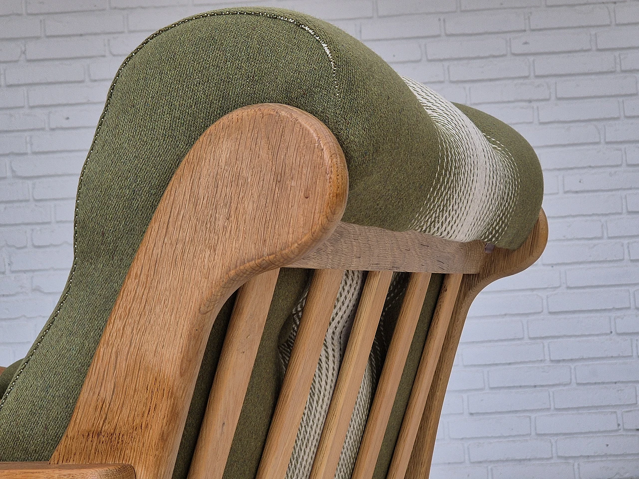 Danish wool and solid oak armchair, 1970s 10