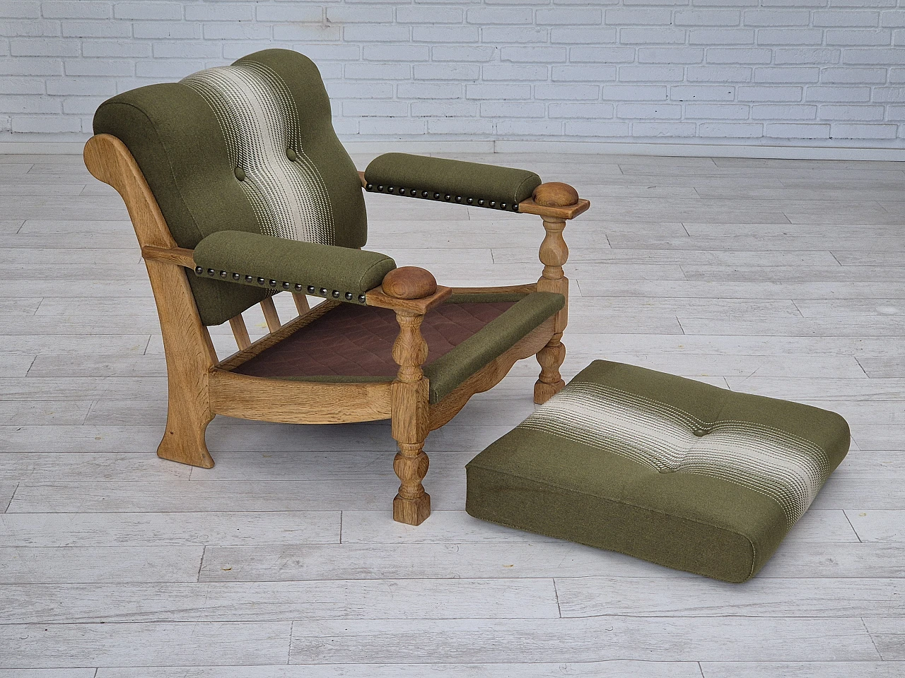 Danish wool and solid oak armchair, 1970s 12