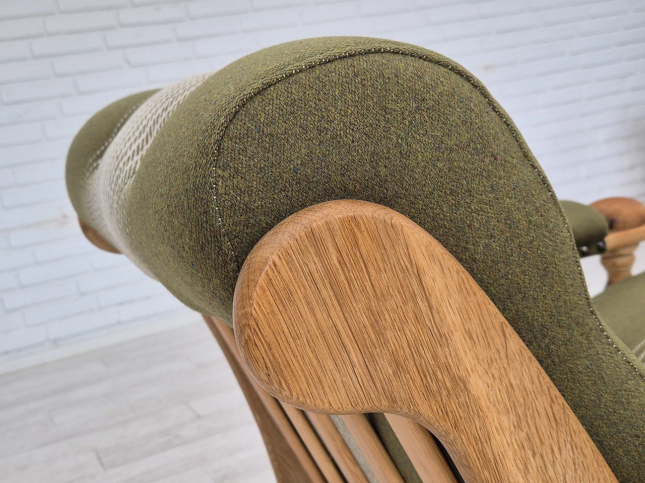 Danish wool and solid oak armchair, 1970s 14