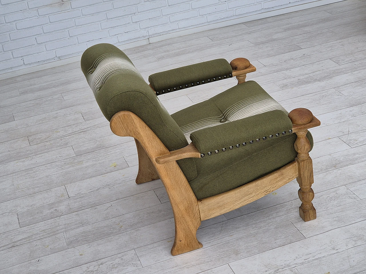 Danish wool and solid oak armchair, 1970s 15